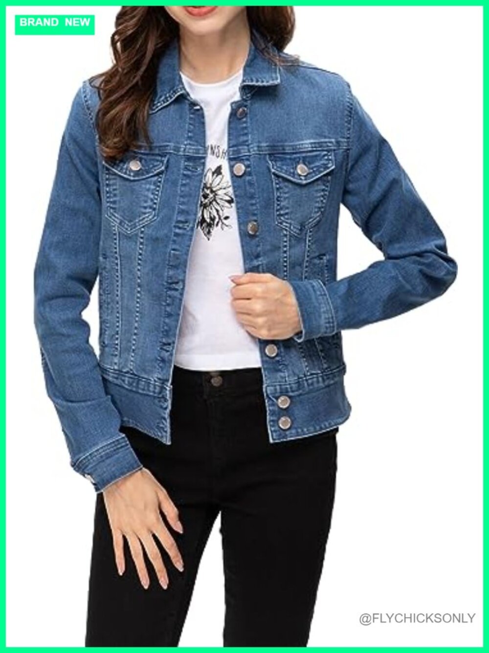 Women's Button Down Denim Jacket Long Sleeve Fitted Jean Jacket with Pockets